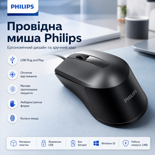 Дротова комп&rsquo;ютерна миша Philips з оптичним сенсором B-095 фото