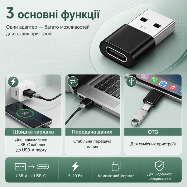 Перехідний адаптер USB-A на USB-C з функцією OTG 009 фото